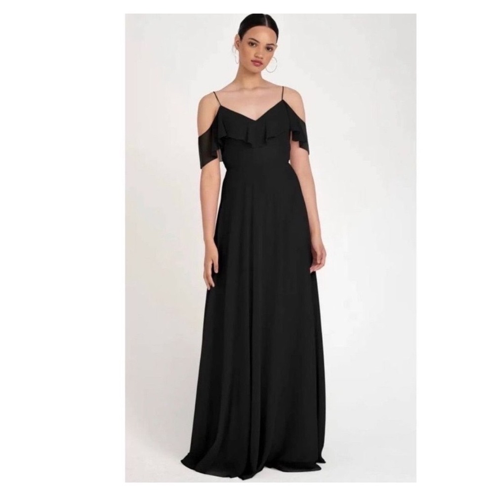Jenny Yoo Mila Black V-Neck Chiffon Maxi Gown Dress Ruffle Sleeved Womens 12